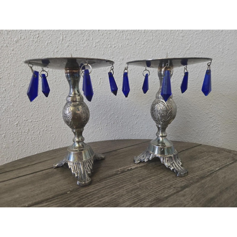 Vintage Hollywood Regency Silver Tone Candle Holders Cobalt Blue Crystal Pendant